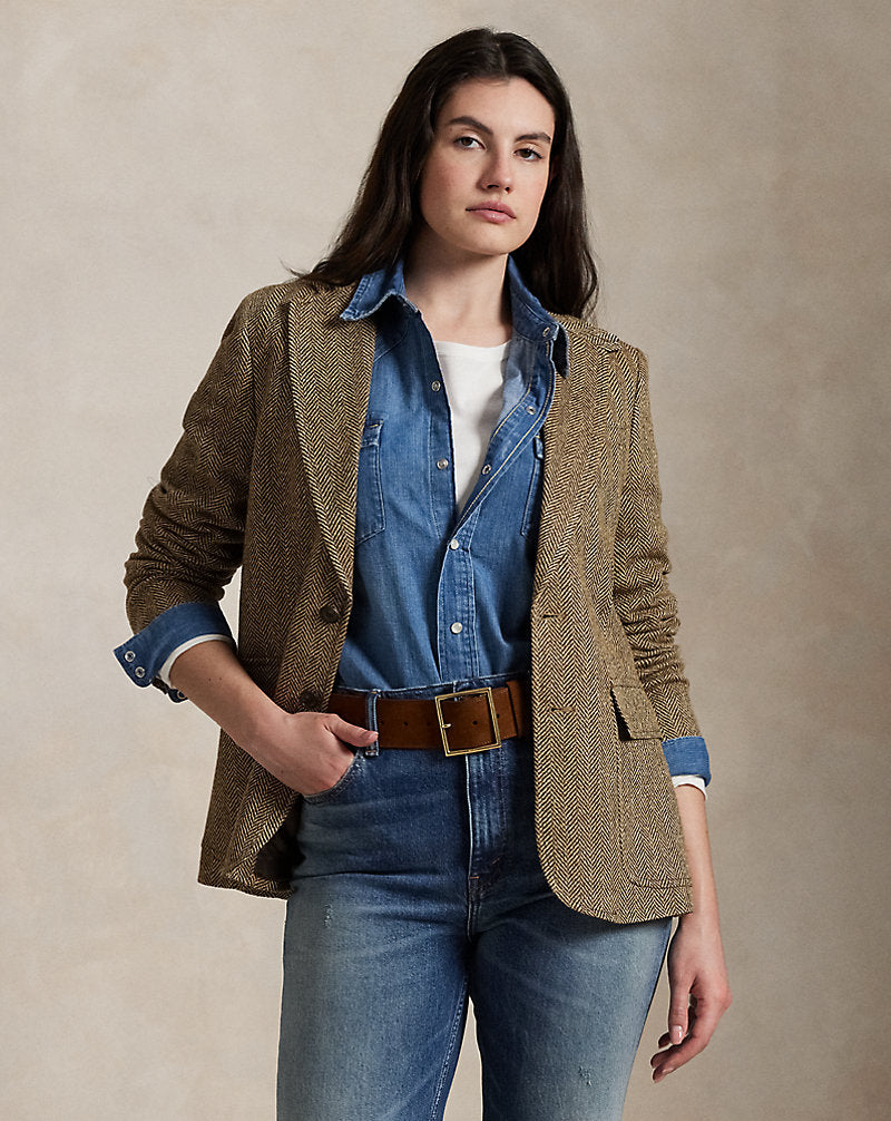 Herringbone Linen-Blend Blazer Brown/Cream Herringbone