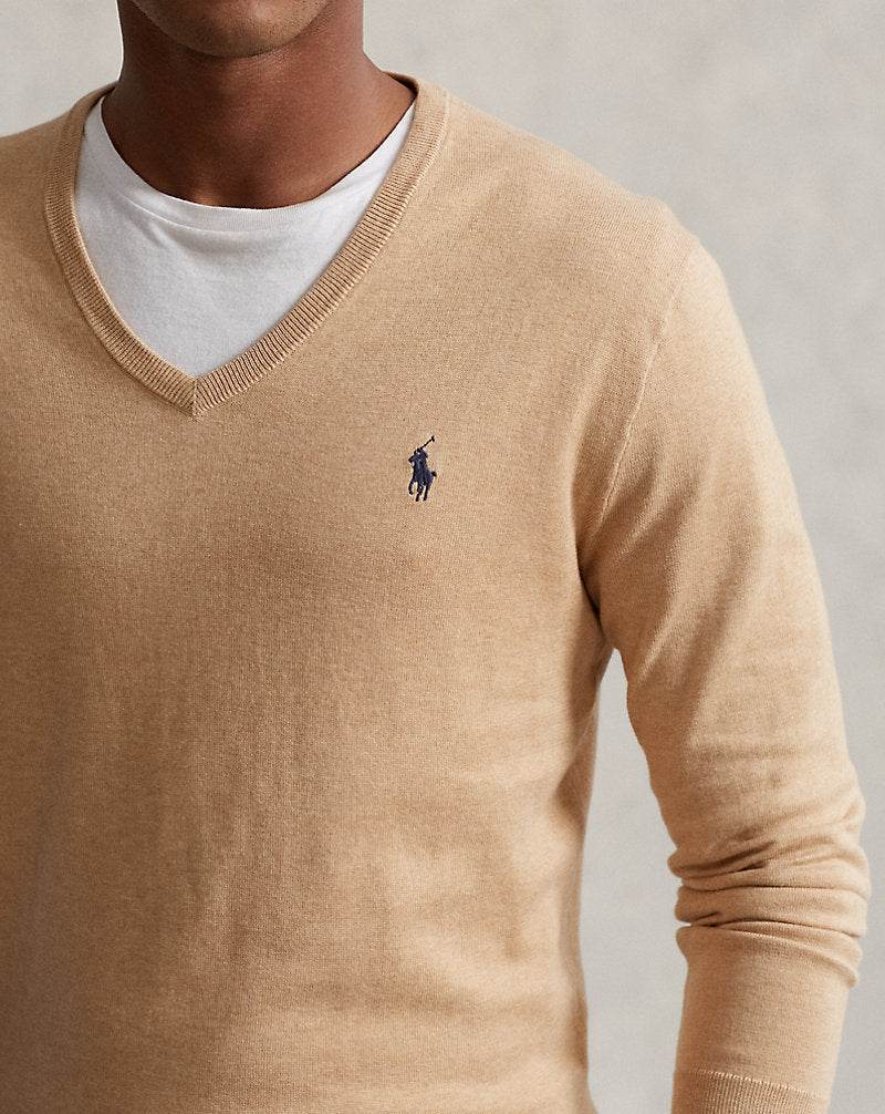 Slim Fit Textured Cotton Jumper Camel Melange