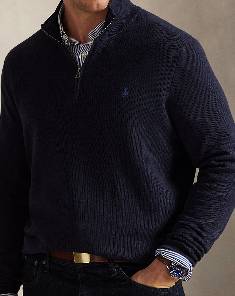 Mesh-Knit Cotton Quarter-Zip Jumper Navy Heather