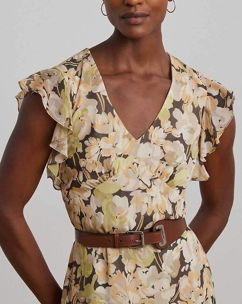 Floral Ruffle-Trim Georgette Dress Green Multi