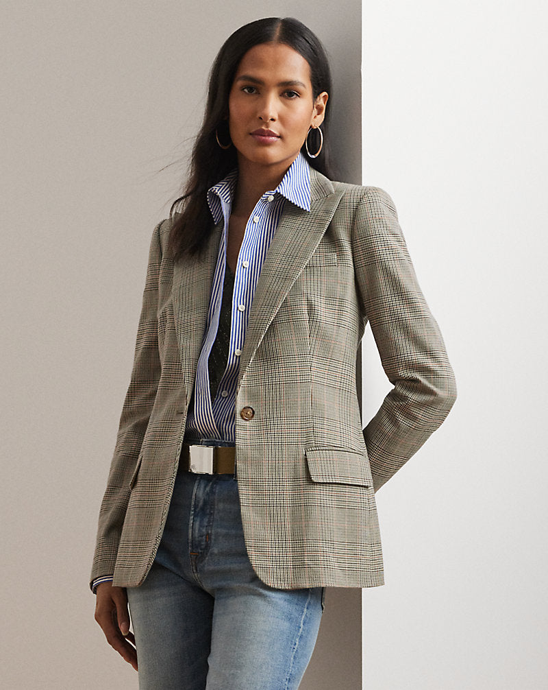 Glen Plaid Cotton-Blend Twill Blazer Navy/Tan Multi