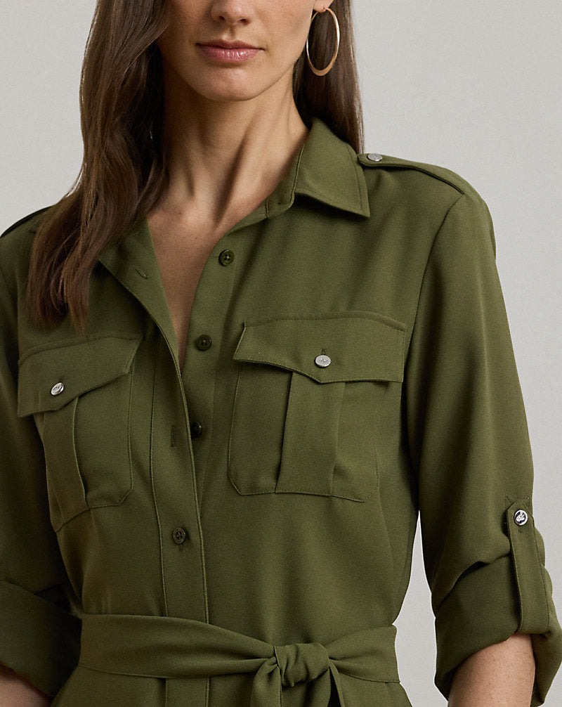 Belted Double-Faced Georgette Shirtdress Olive Grove