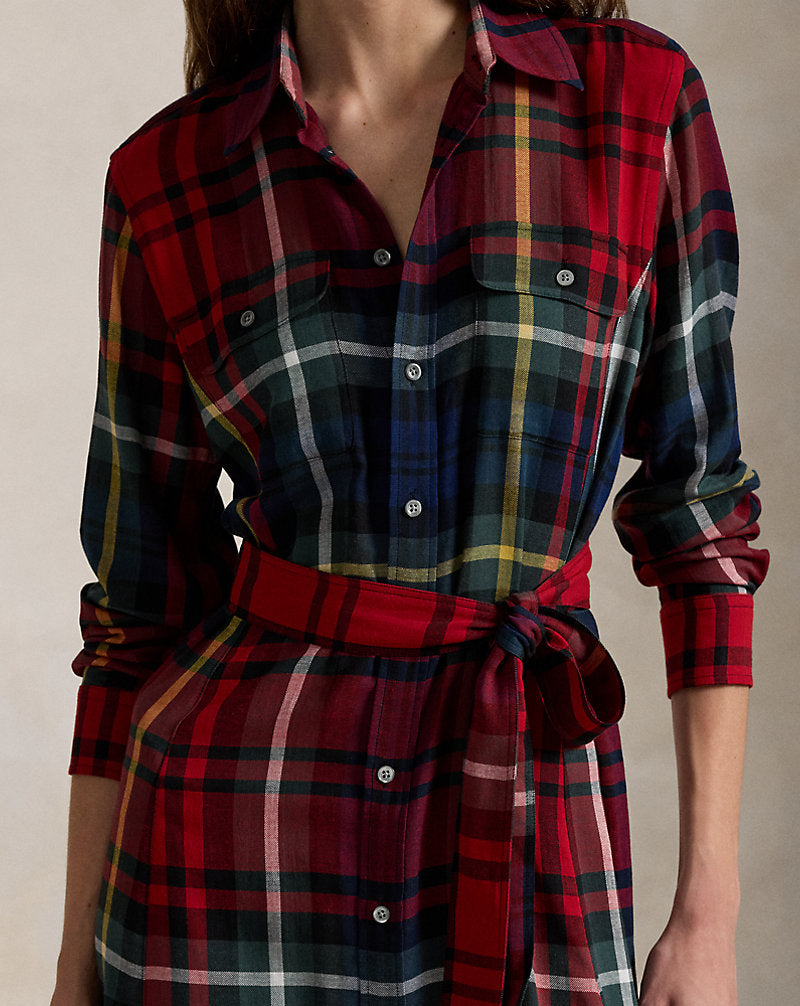 Belted Plaid Cotton-Blend Dress 1799 Red Multi Plaid