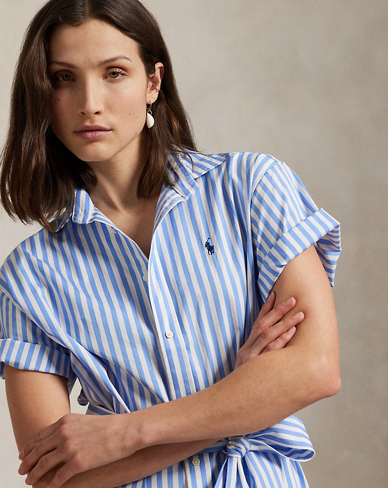 Belted Striped Cotton Shirtdress Blue/White Stripe