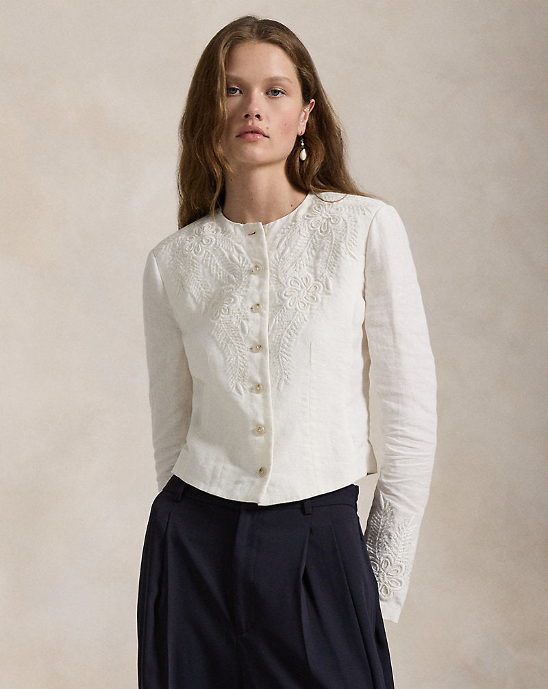 Floral-Embroidered Linen Jacket Cream