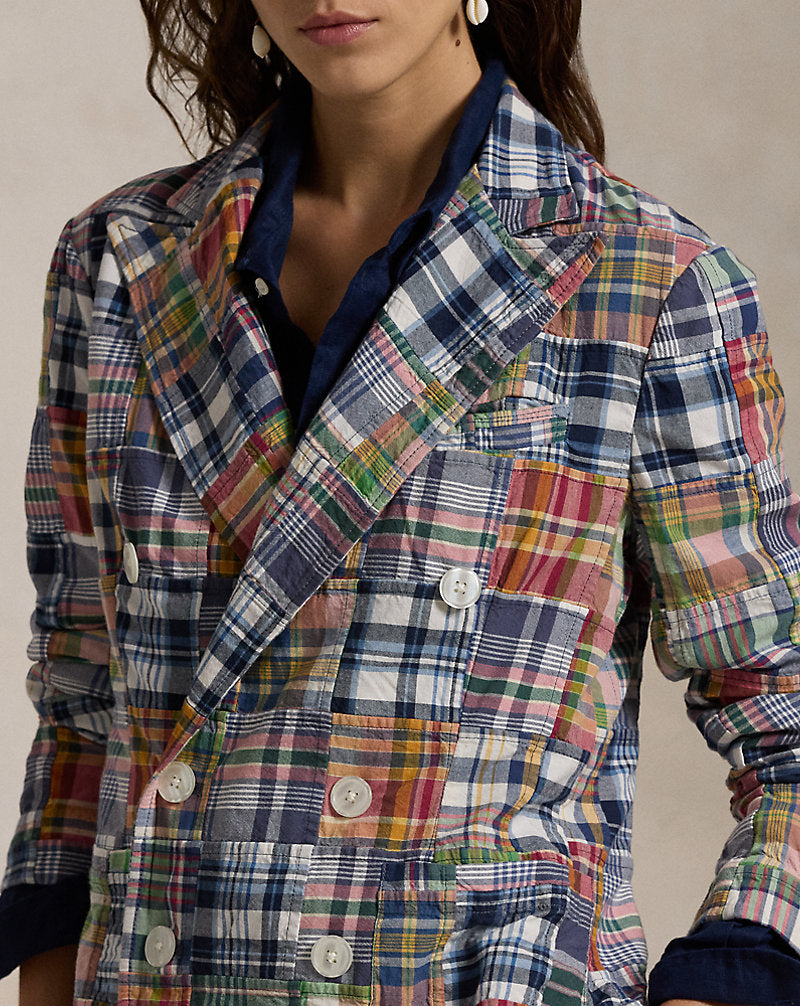 Plaid Cotton Double-Breasted Blazer Madras Multi