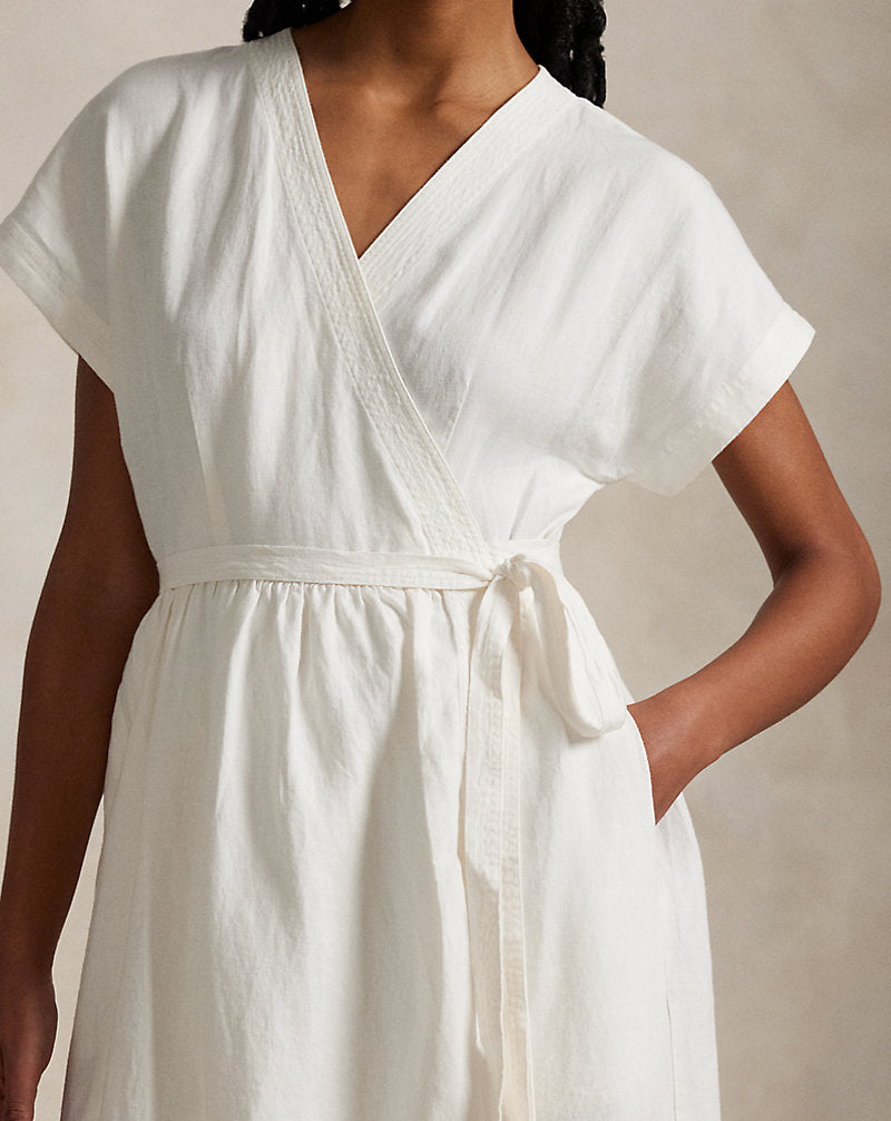 Hemp Short-Sleeve Wrap Dress Deckwash White