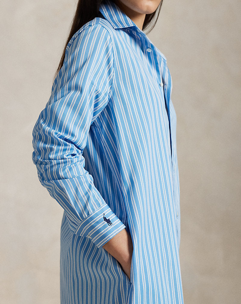 Striped Cotton Long Shirtdress Medium Blue/White