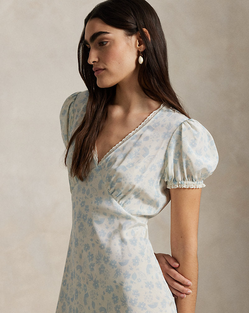 Floral Silk Crepe Dress Summer Daisy White Blue