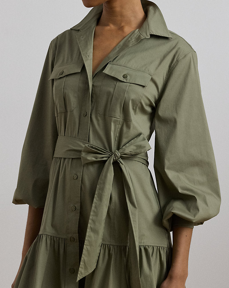 Belted Cotton-Blend Shirtdress Sage Green