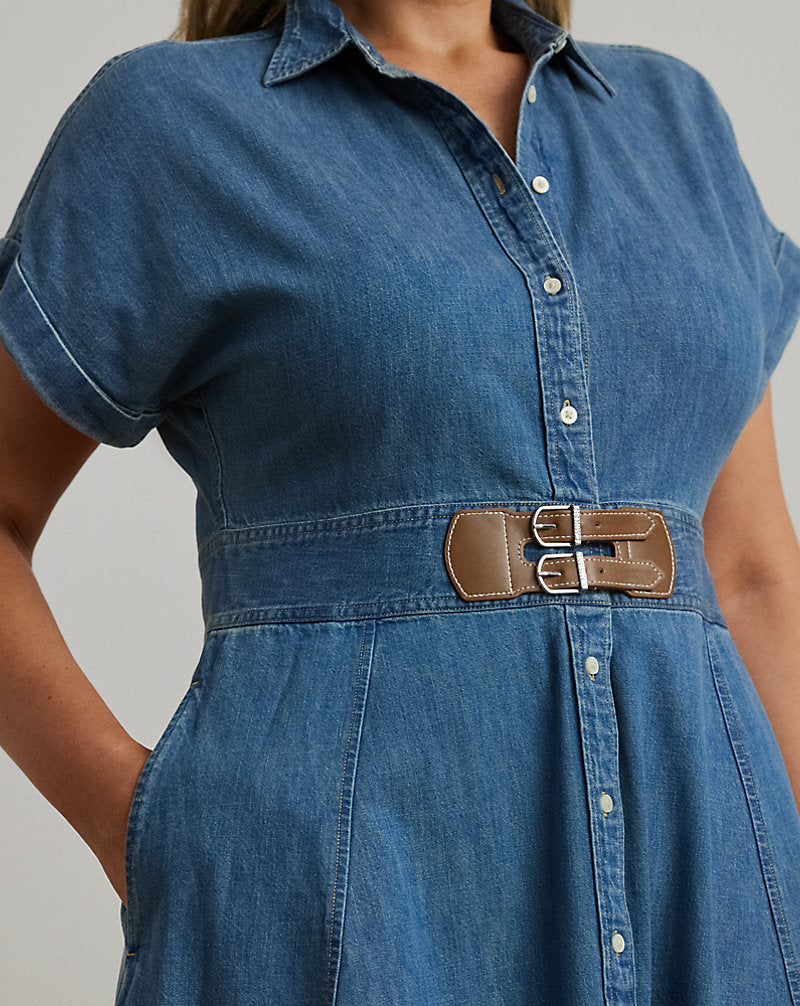 Buckle-Trim Denim Shirtdress Opal Wash