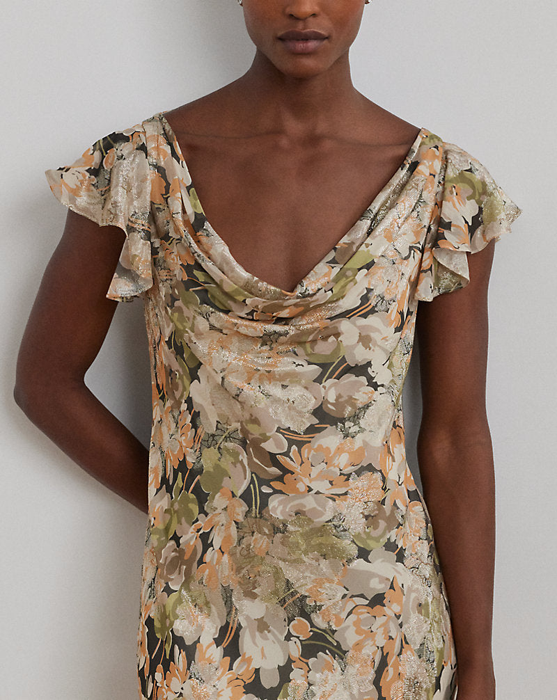 Floral Metallic Jacquard Cowlneck Gown Green Multi