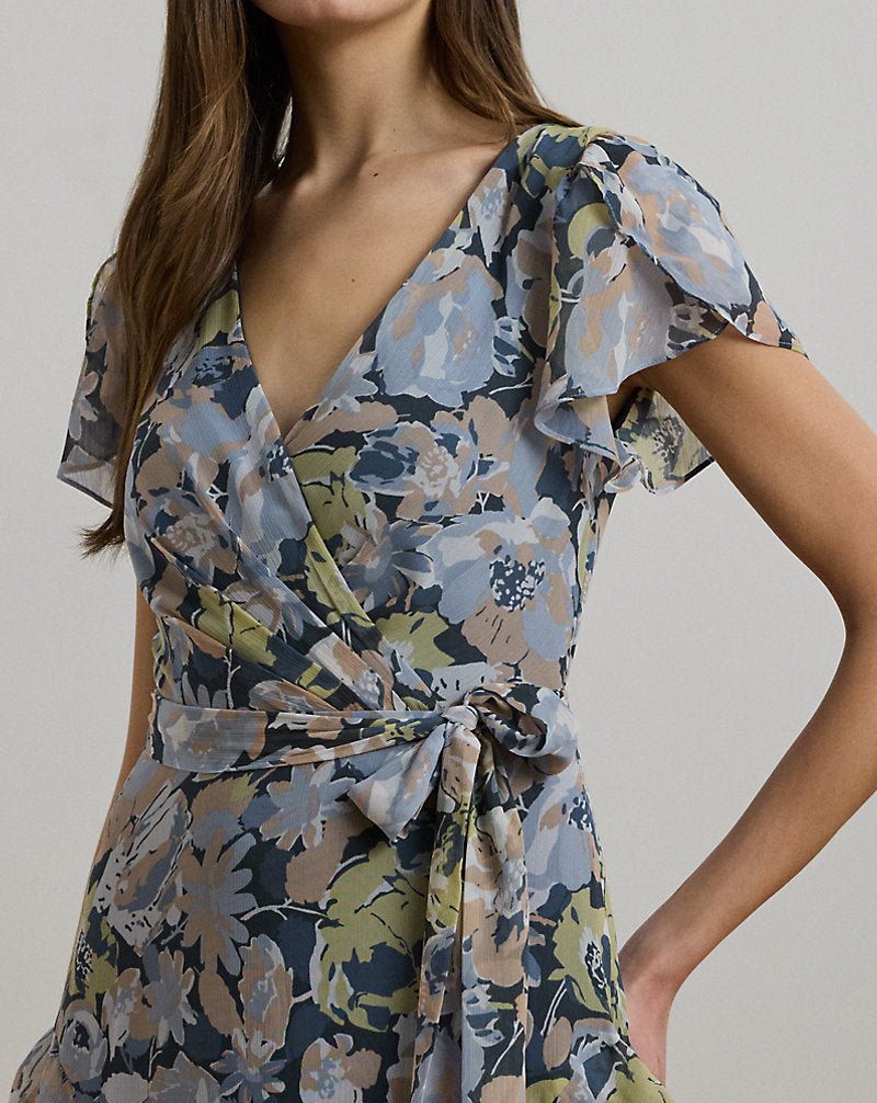 Floral Ruffle-Trim Georgette Gown Blue Multi