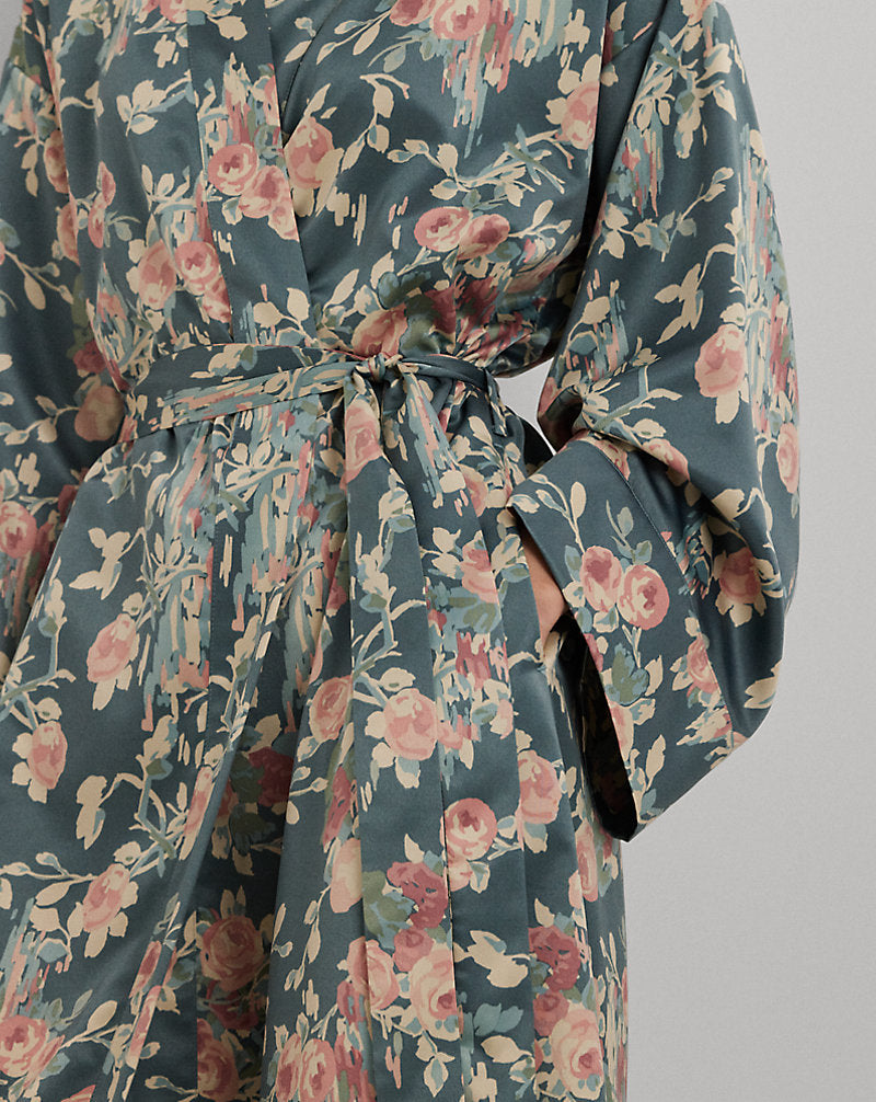 Floral Belted Satin Long Robe Sage