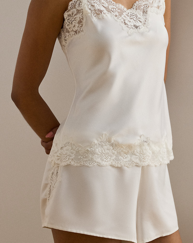 Lace-Trim Satin Camisole Sleep Set Ivory