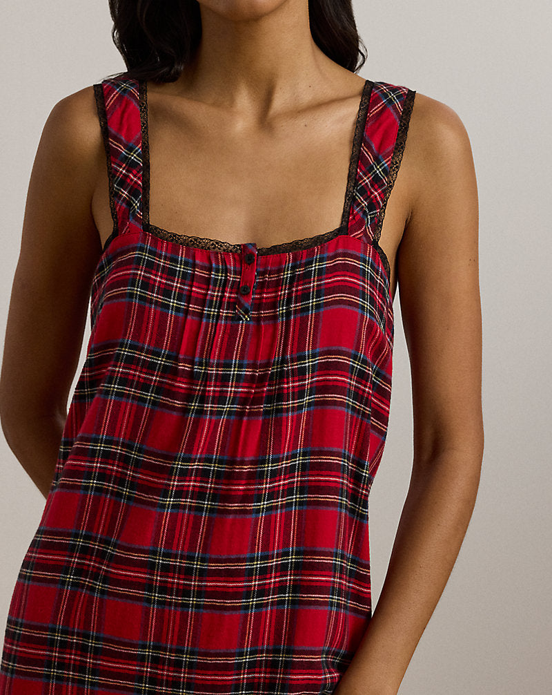 Plaid Lace-Trim Brushed Twill Nightgown Red Print