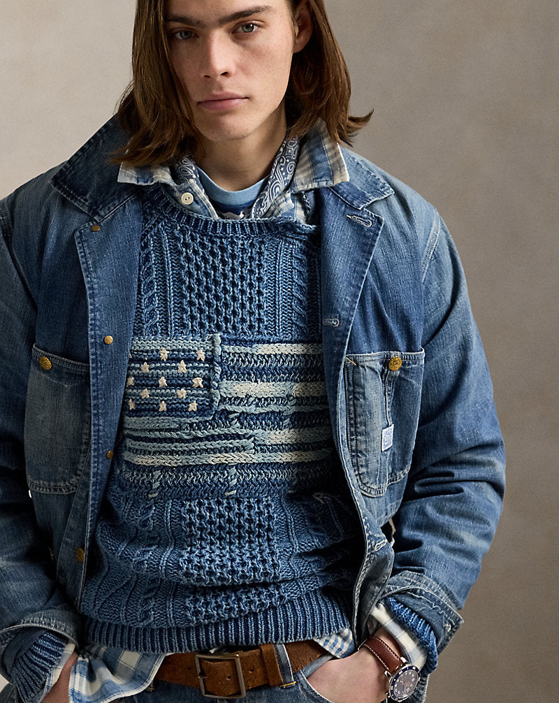 Aran-Knit Flag Cotton Jumper Indigo Combo