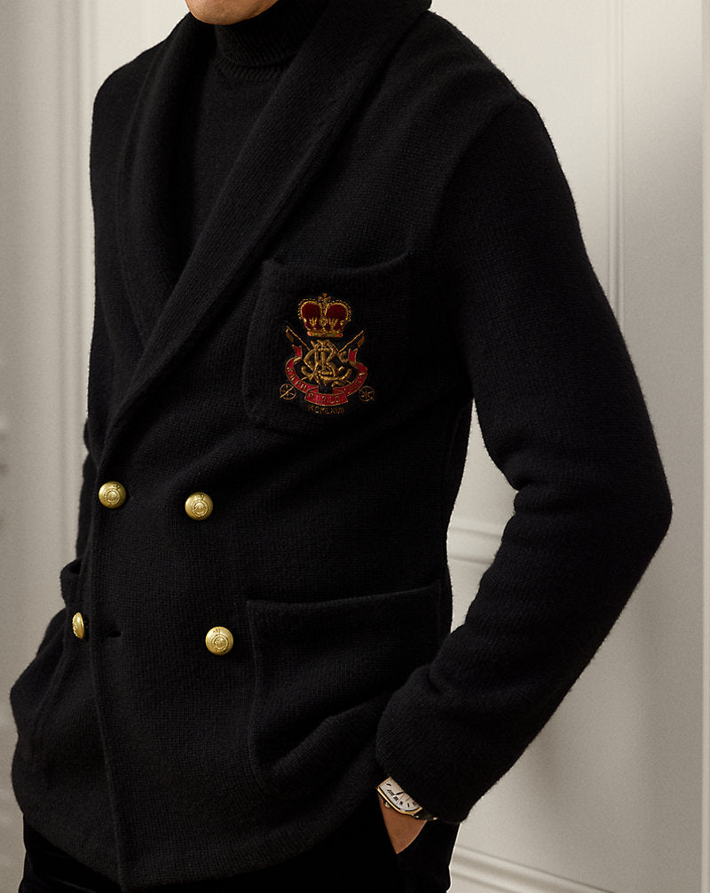 Bullion-Patch Cashmere Blazer Cardigan Classic Black W/ Crest