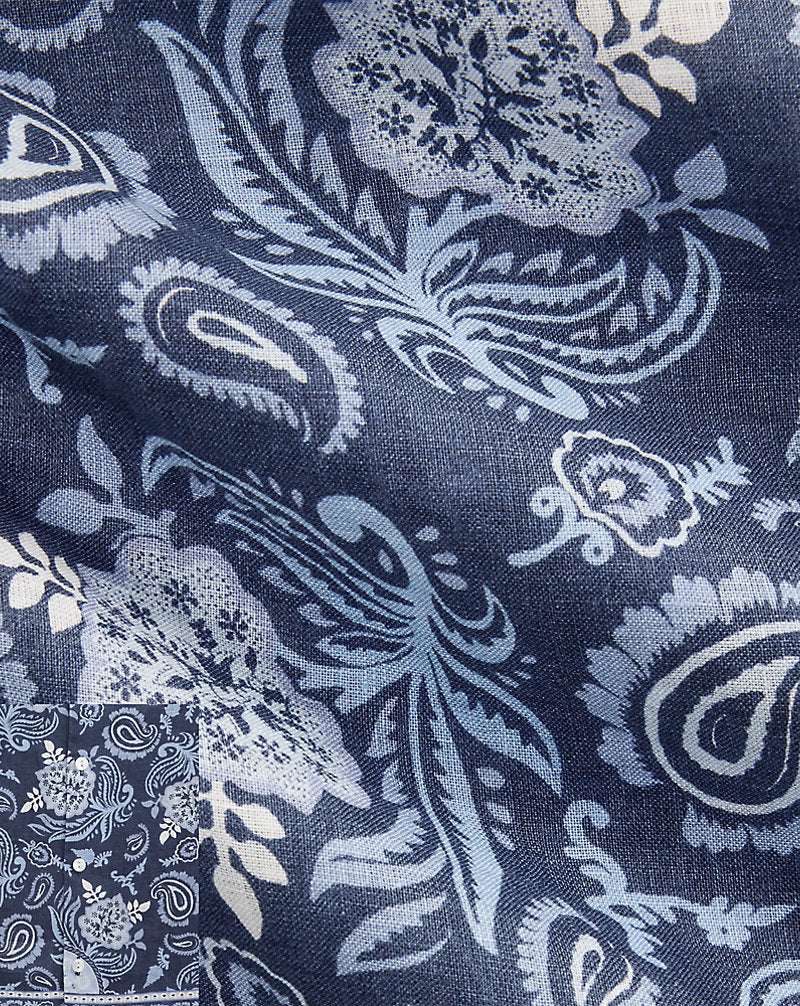 Paisley-Print Linen Camp Shirt Navy Tonal