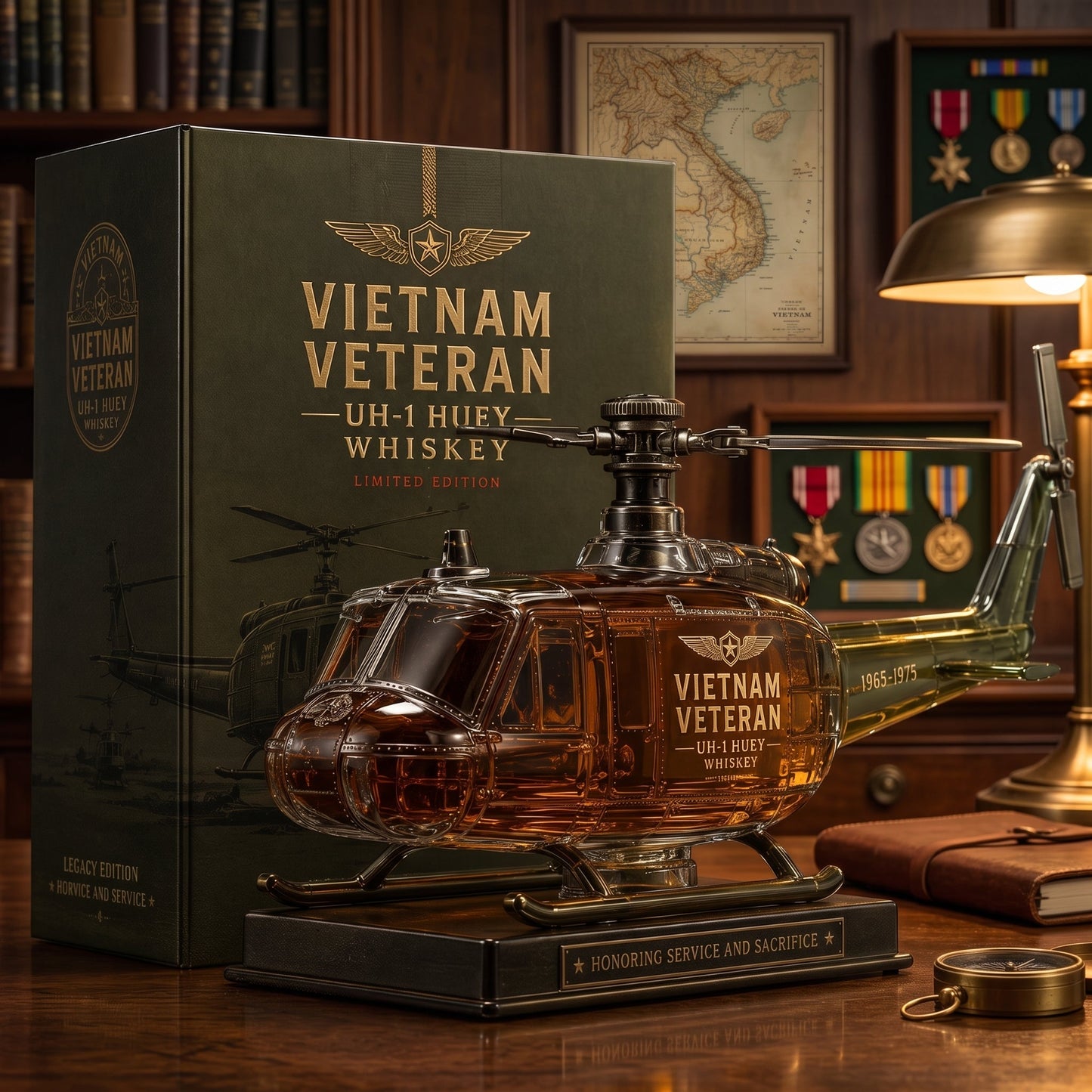 🇺🇸🚁🎖️Vietnam Veteran UH-1 Huey Helicopter 1965-1975 Whiskey Bottle