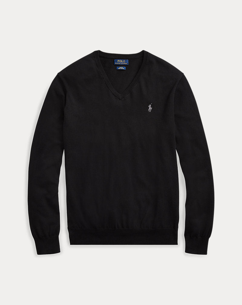 Slim Fit Cotton V-Neck Sweater Black