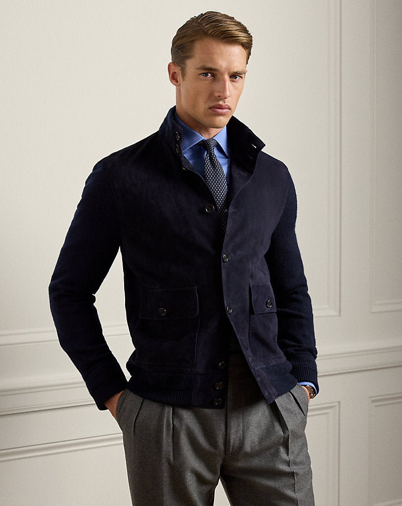Suede-Front Cashmere Cardigan Classic Chairman Navy