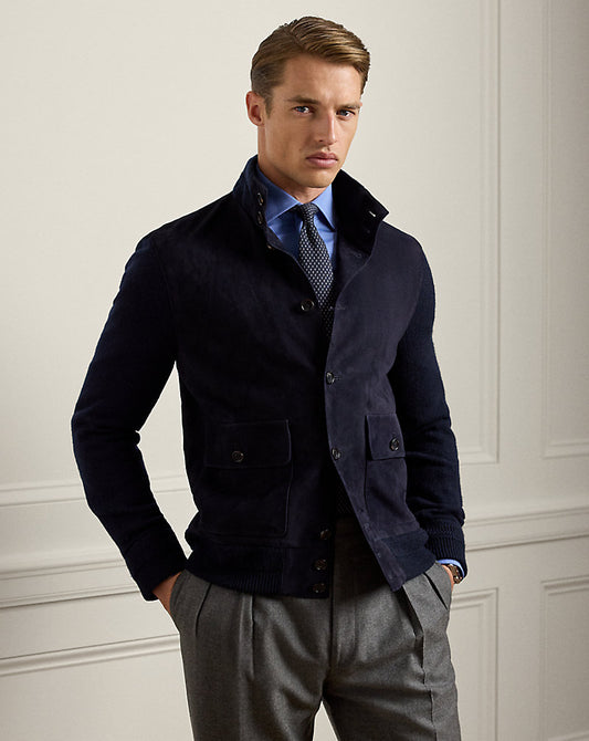 Suede-Front Cashmere Cardigan Classic Chairman Navy