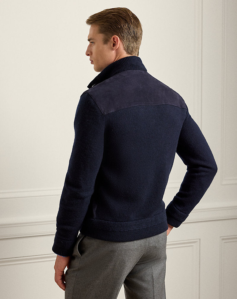 Suede-Front Cashmere Cardigan Classic Chairman Navy