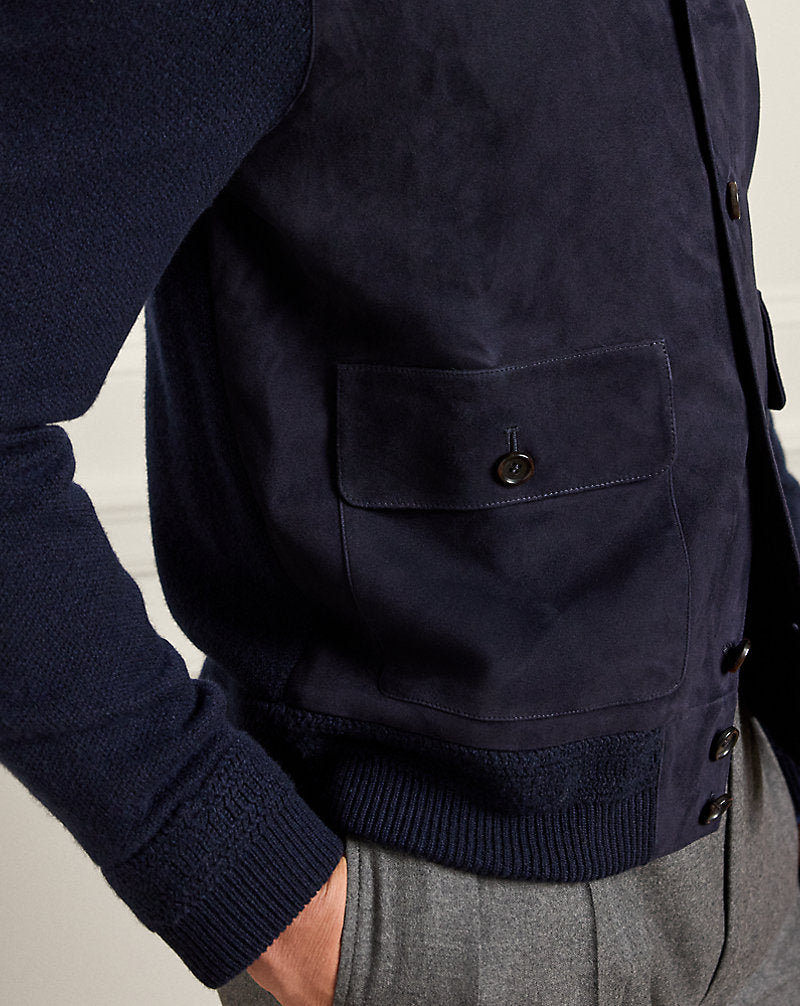 Suede-Front Cashmere Cardigan Classic Chairman Navy