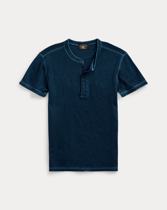 Waffle-Knit Short-Sleeve Henley Shirt Rinsed Blue Indigo