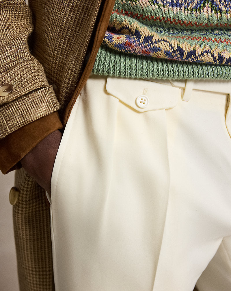 Pleated Wool Barathea Trouser Cream