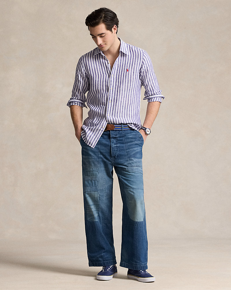 Custom Fit Striped Linen Shirt Purple/White