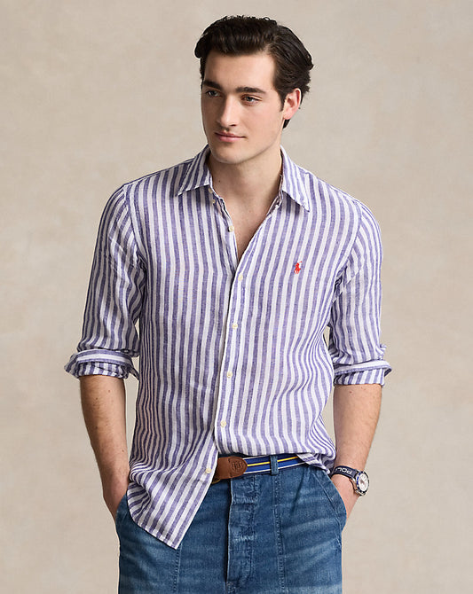 Custom Fit Striped Linen Shirt Purple/White