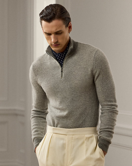 Cashmere Birdseye Quarter-Zip Jumper Light Grey Heather