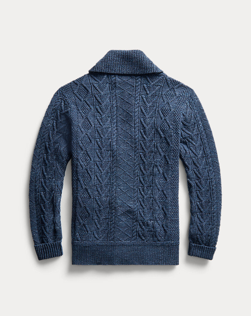 Aran-Knit Cotton Cardigan Navy Heather