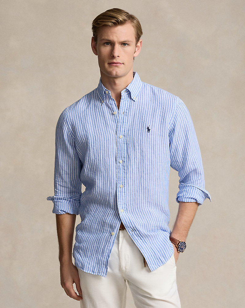 Custom Fit Striped Linen Shirt Blue/White