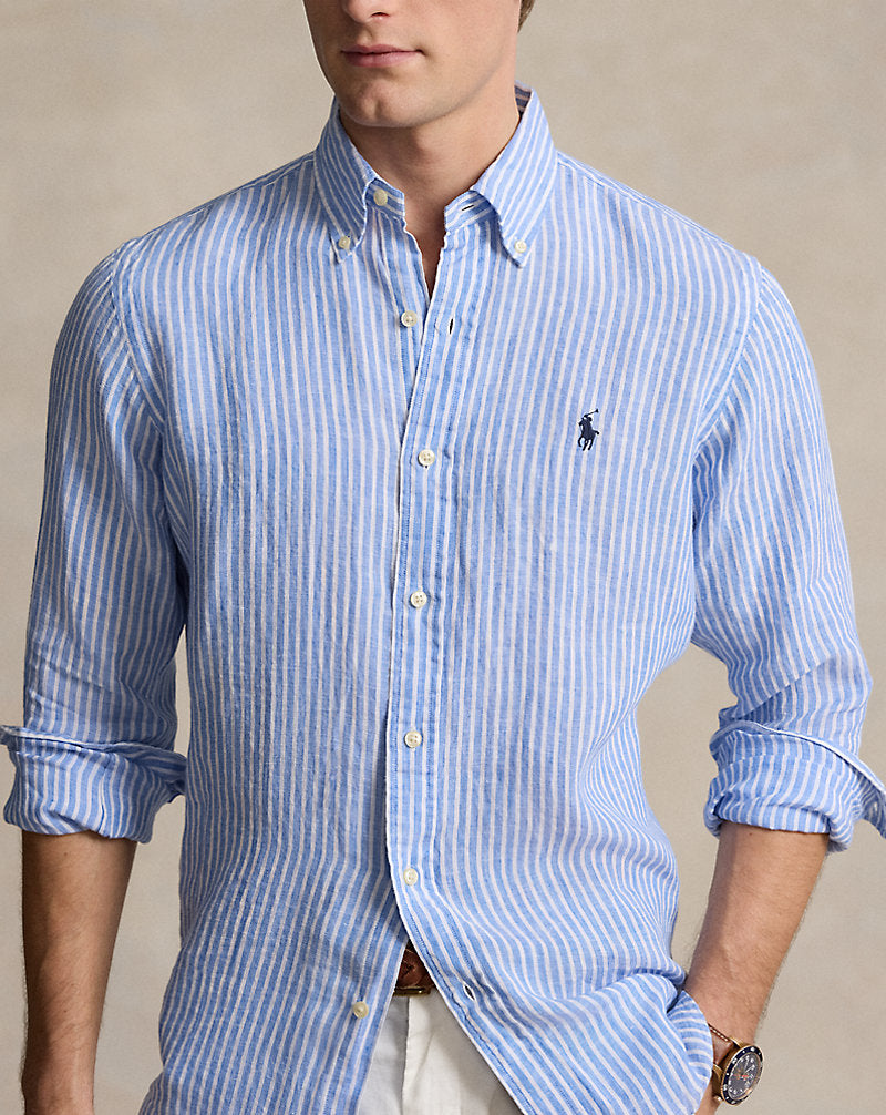 Custom Fit Striped Linen Shirt Blue/White