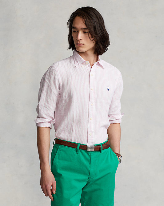 Custom Fit Striped Linen Shirt Pink/White