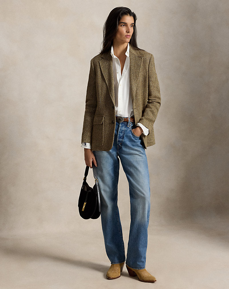 Herringbone Linen-Blend Blazer Brown/Cream Herringbone