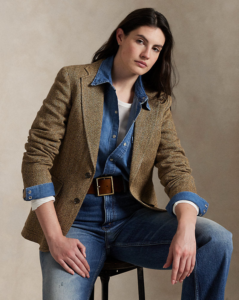 Herringbone Linen-Blend Blazer Brown/Cream Herringbone