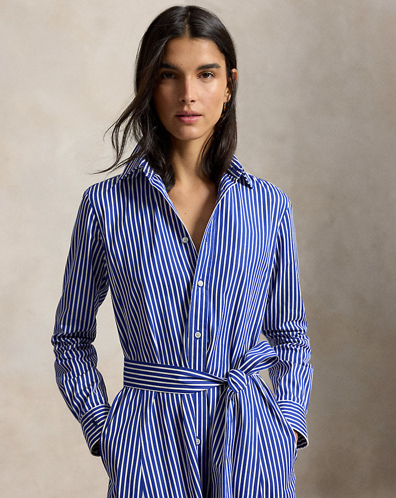 Belted Striped Cotton Shirtdress 1073b Bright Navy/ White