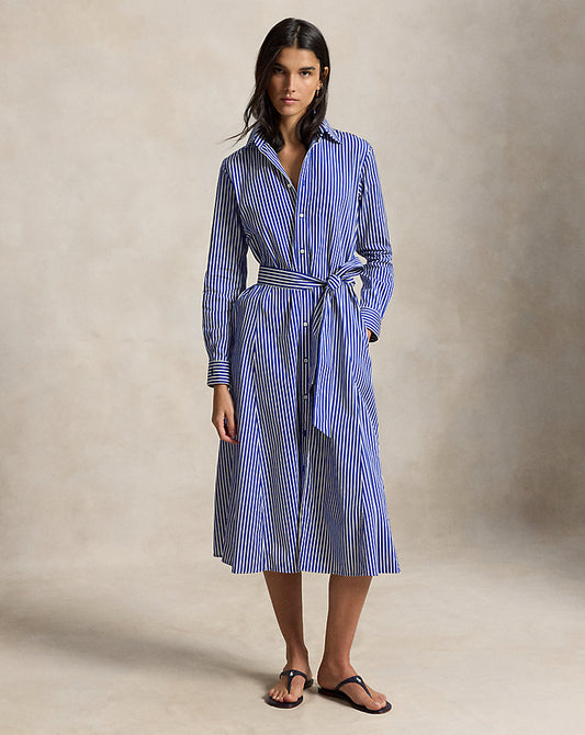 Belted Striped Cotton Shirtdress 1073b Bright Navy/ White
