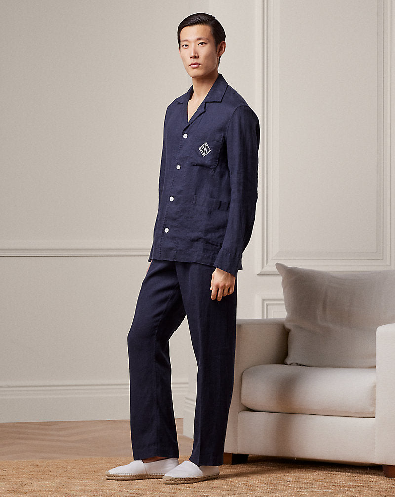 Monogram Linen Pyjama Set Navy