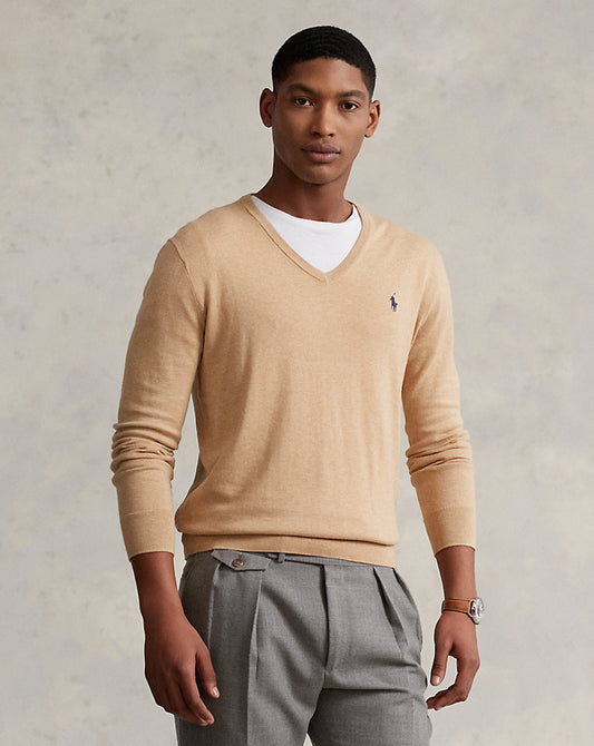 Slim Fit Textured Cotton Jumper Camel Melange