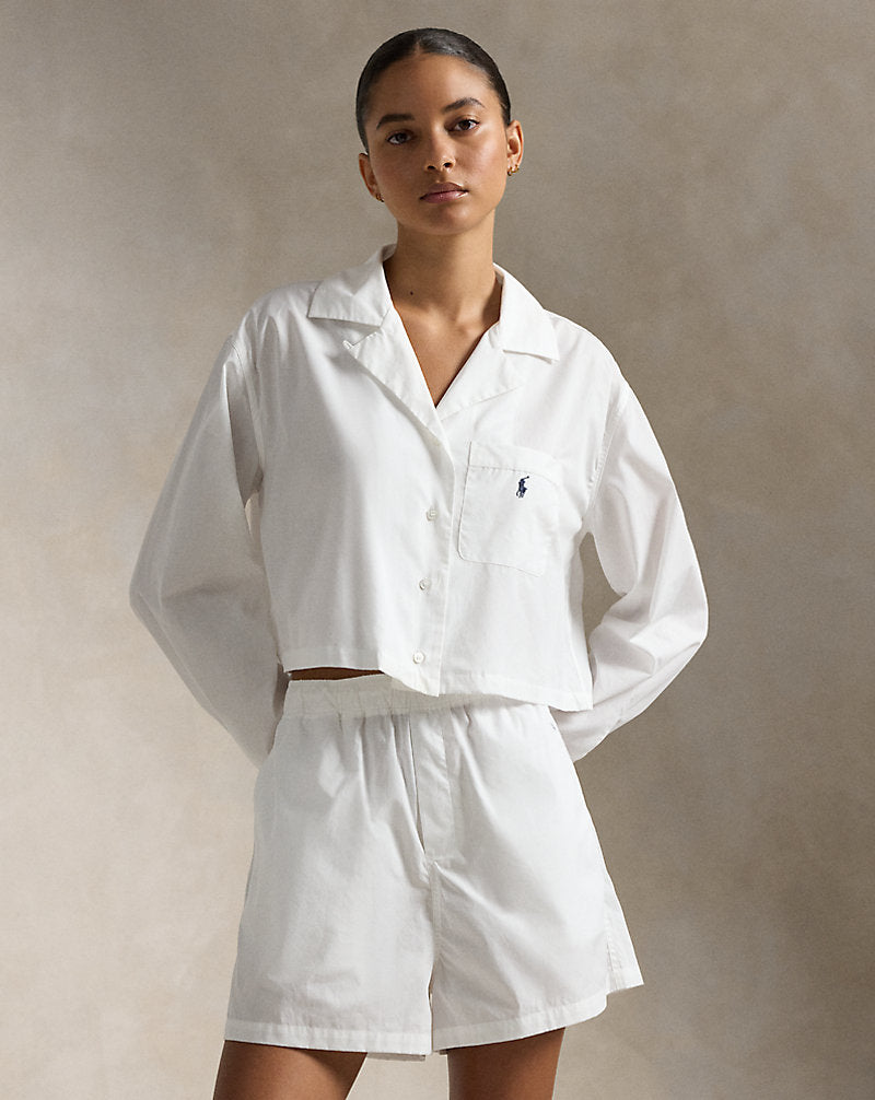 Crop Top & Boxer Poplin Pyjama Set White Cloud