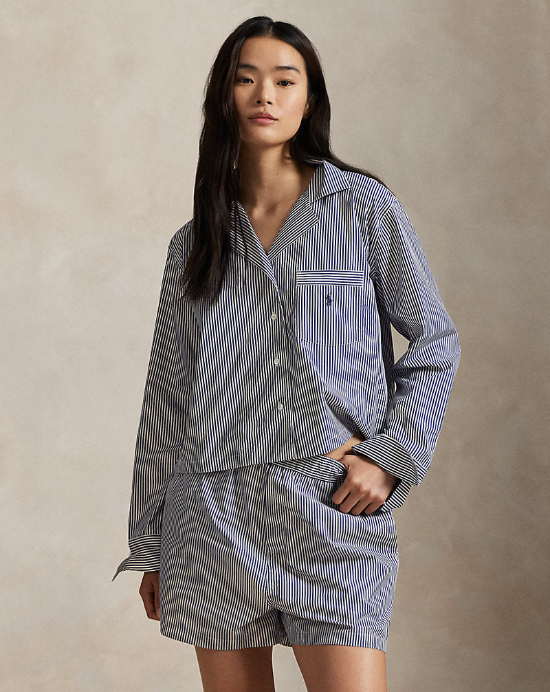 Crop Top & Boxer Poplin Pyjama Set Navy Stripe