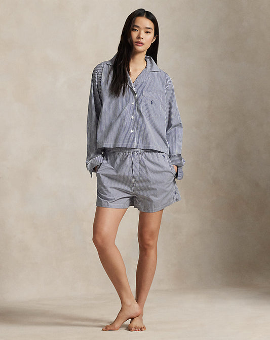 Crop Top & Boxer Poplin Pyjama Set Navy Stripe