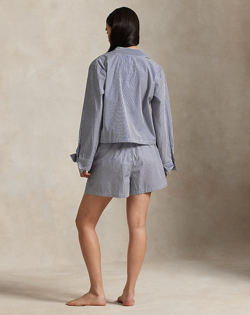 Crop Top & Boxer Poplin Pyjama Set Navy Stripe