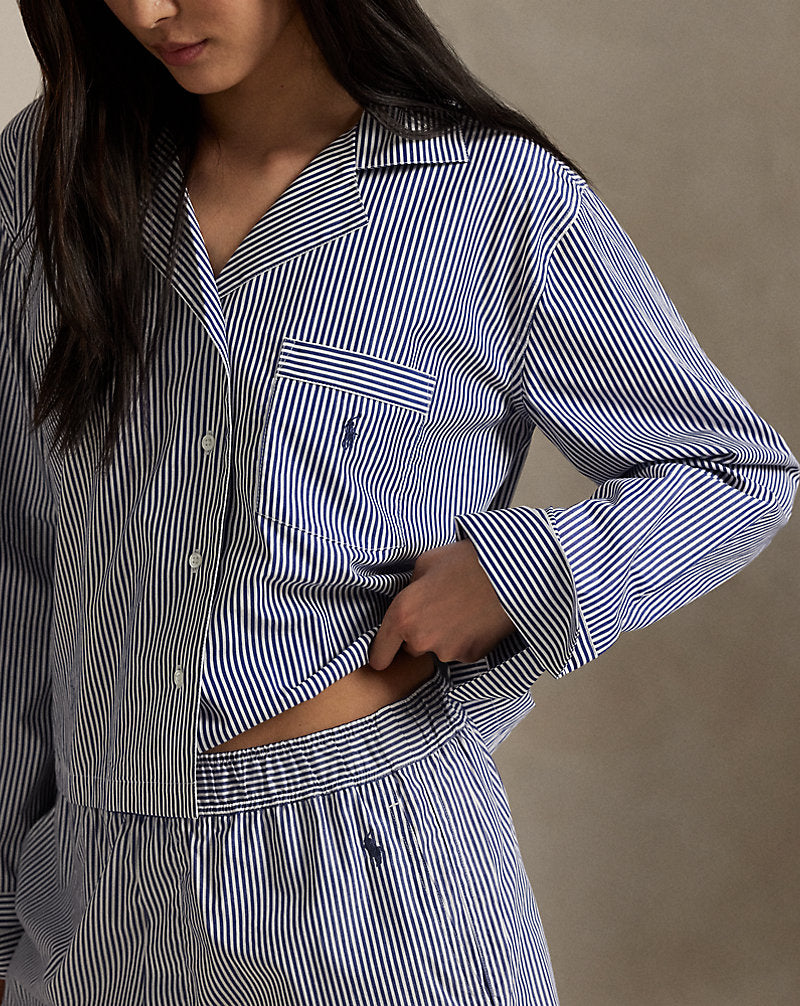Crop Top & Boxer Poplin Pyjama Set Navy Stripe