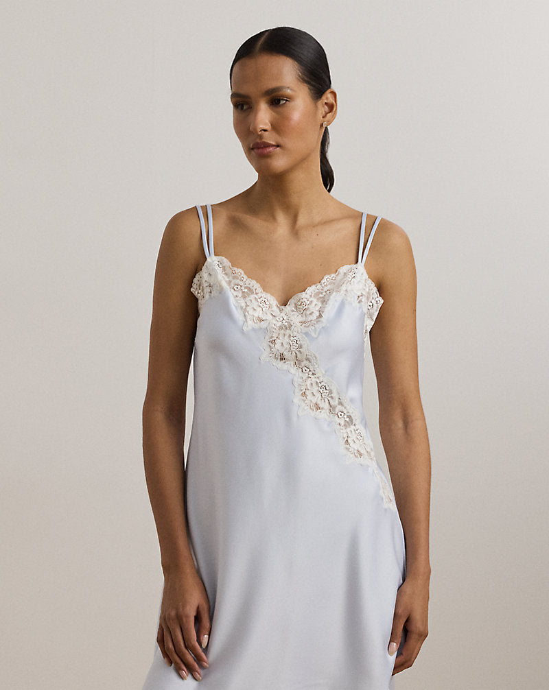 Double-Strap Lace-Trim Satin Chemise Blue